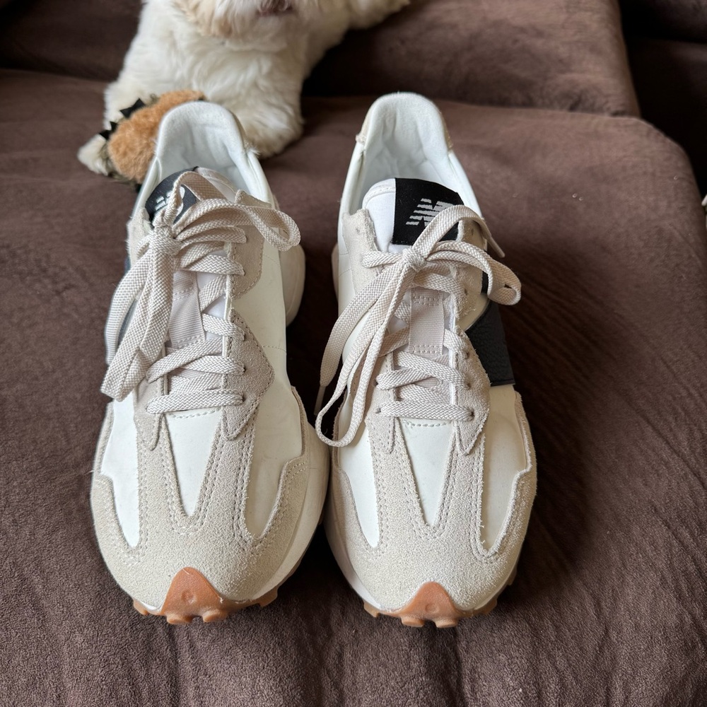New Balance 327 White and Tan Chunky Sneakers